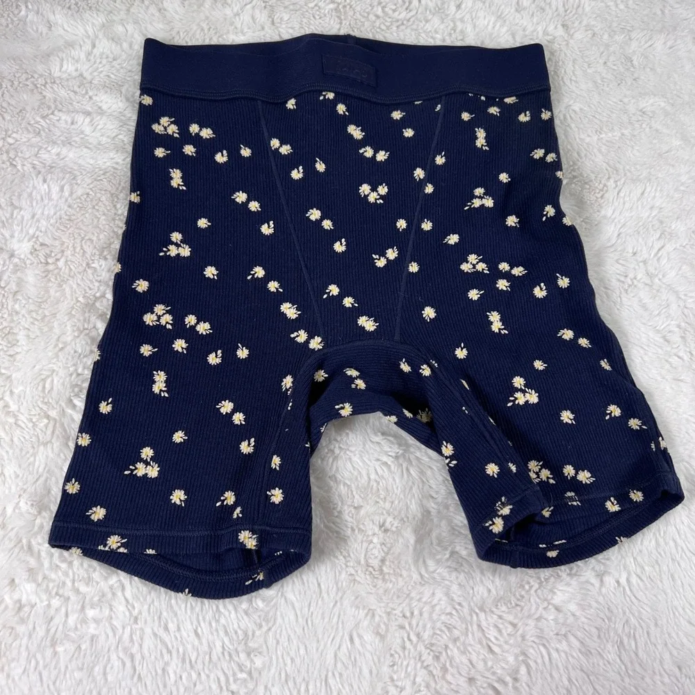 Skims Navy Blue Daisy Floral Ribbed Cotton Boxer Shorts XXS Loungewear Sleepwear